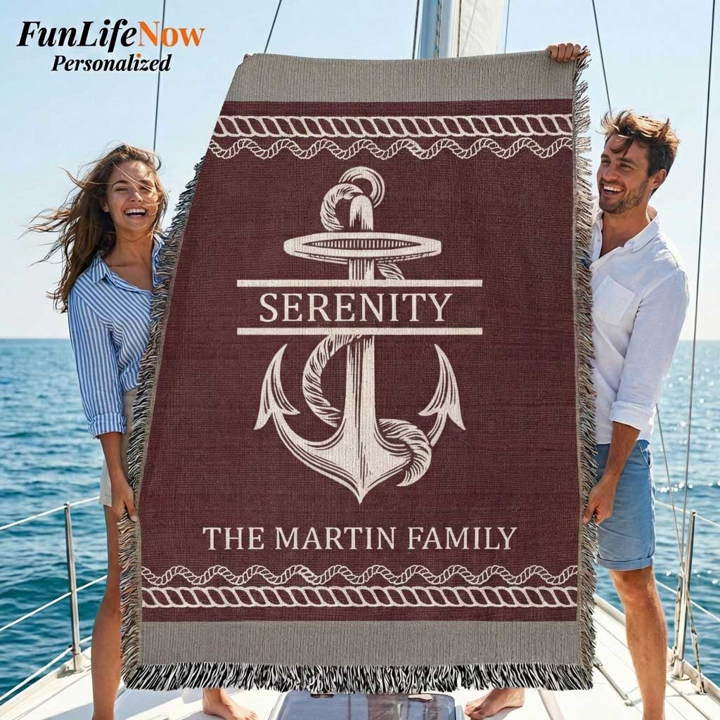 Anchor Family Name Woven Throw - Custom Boat & Crew Personalized Blanket Gift