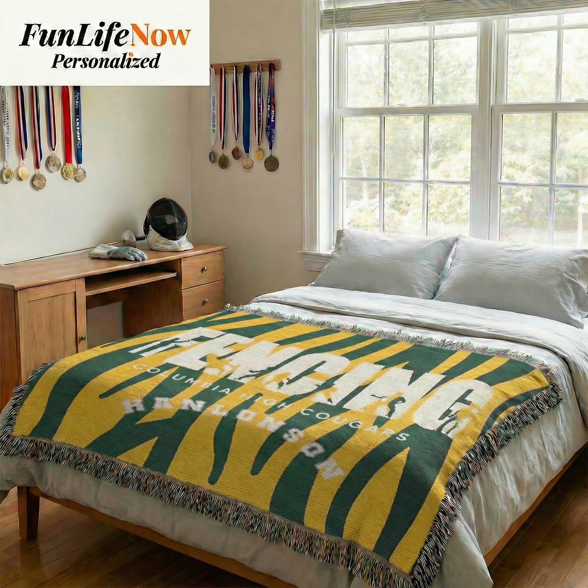 Bedroom with a bed covered by a green and yellow blanket with Fencing Sports Graphics, FunLifeNow Personalized branding visible.