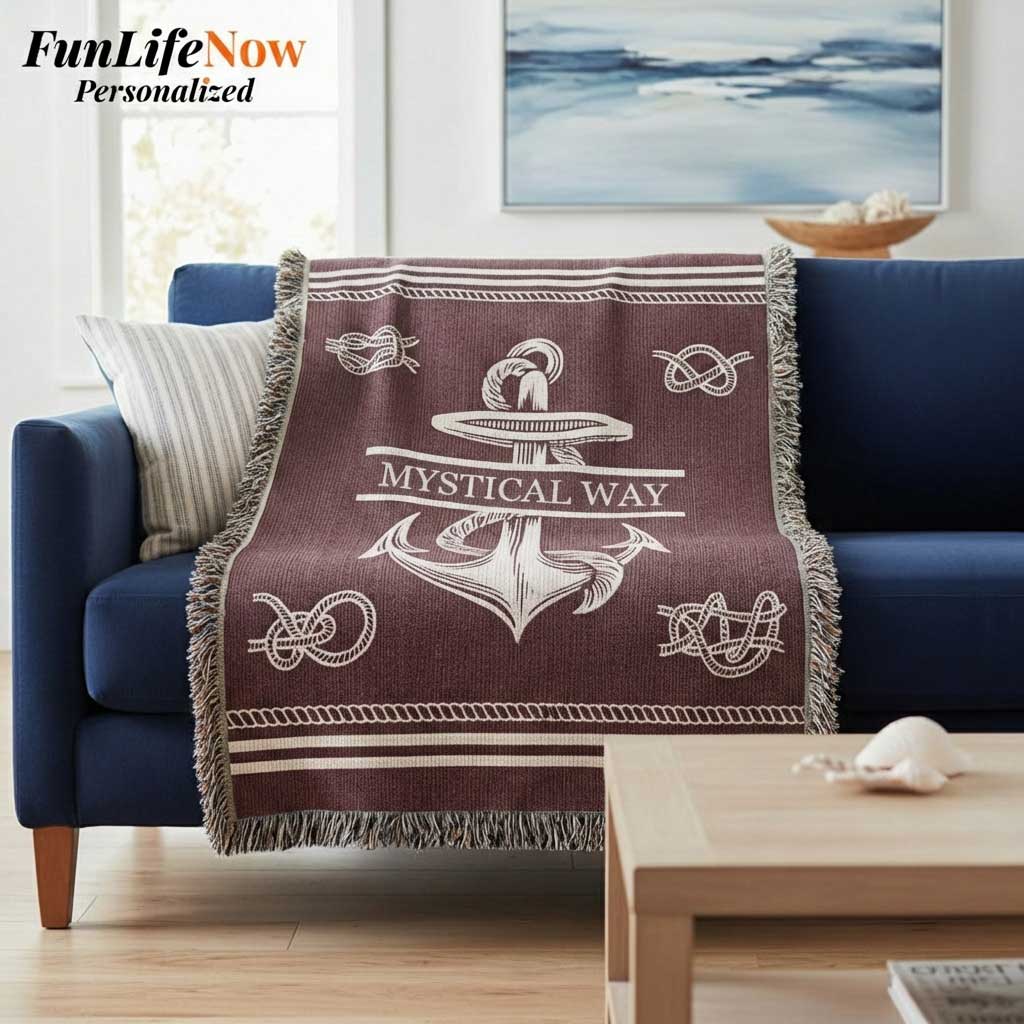 Personalized Nautical Knots Woven Blanket Custom Boat Name Throw