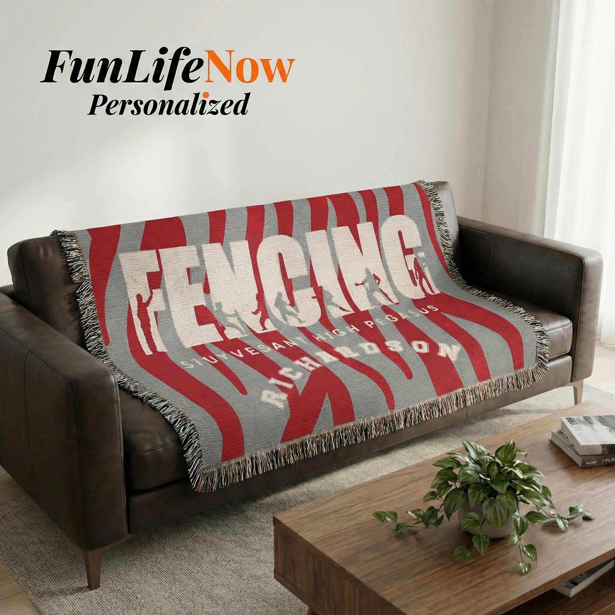 Blanket with 'FENCING' text draped over a sofa in a living room setting, featuring the brand 'FunLifeNow'.