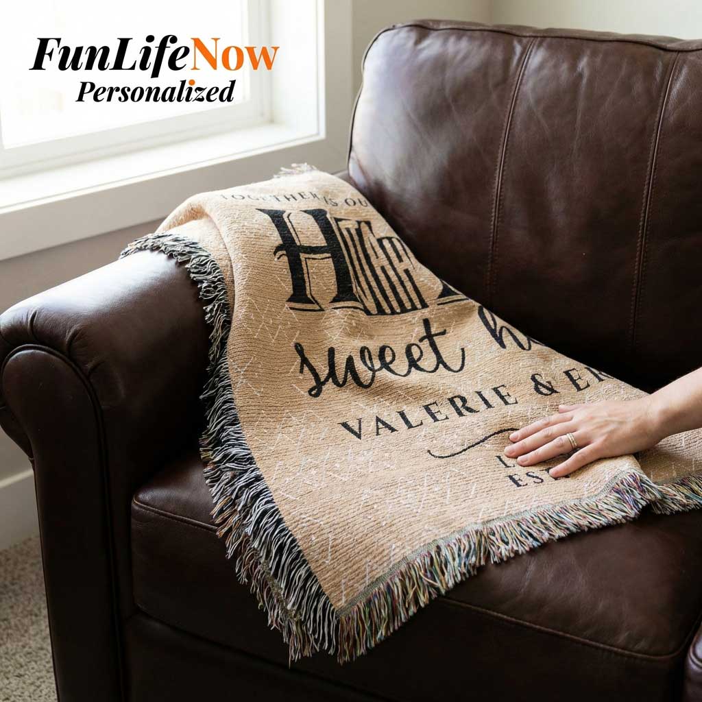 Personalized blanket with text draped over a brown leather couch, with 'FunLifeNow' branding.