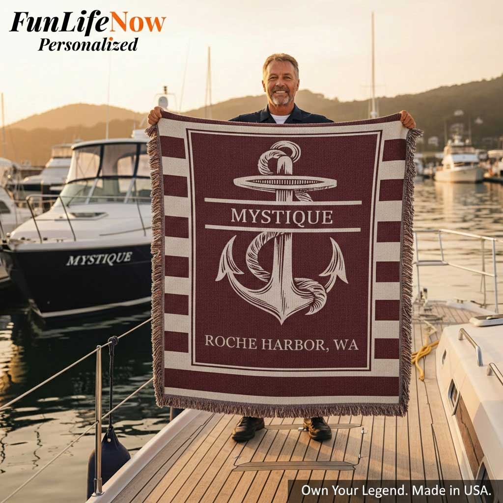 Man holding a personalized boating blanket with custom boat name branding at a marina. Custom blanket available at Funlifenow.com