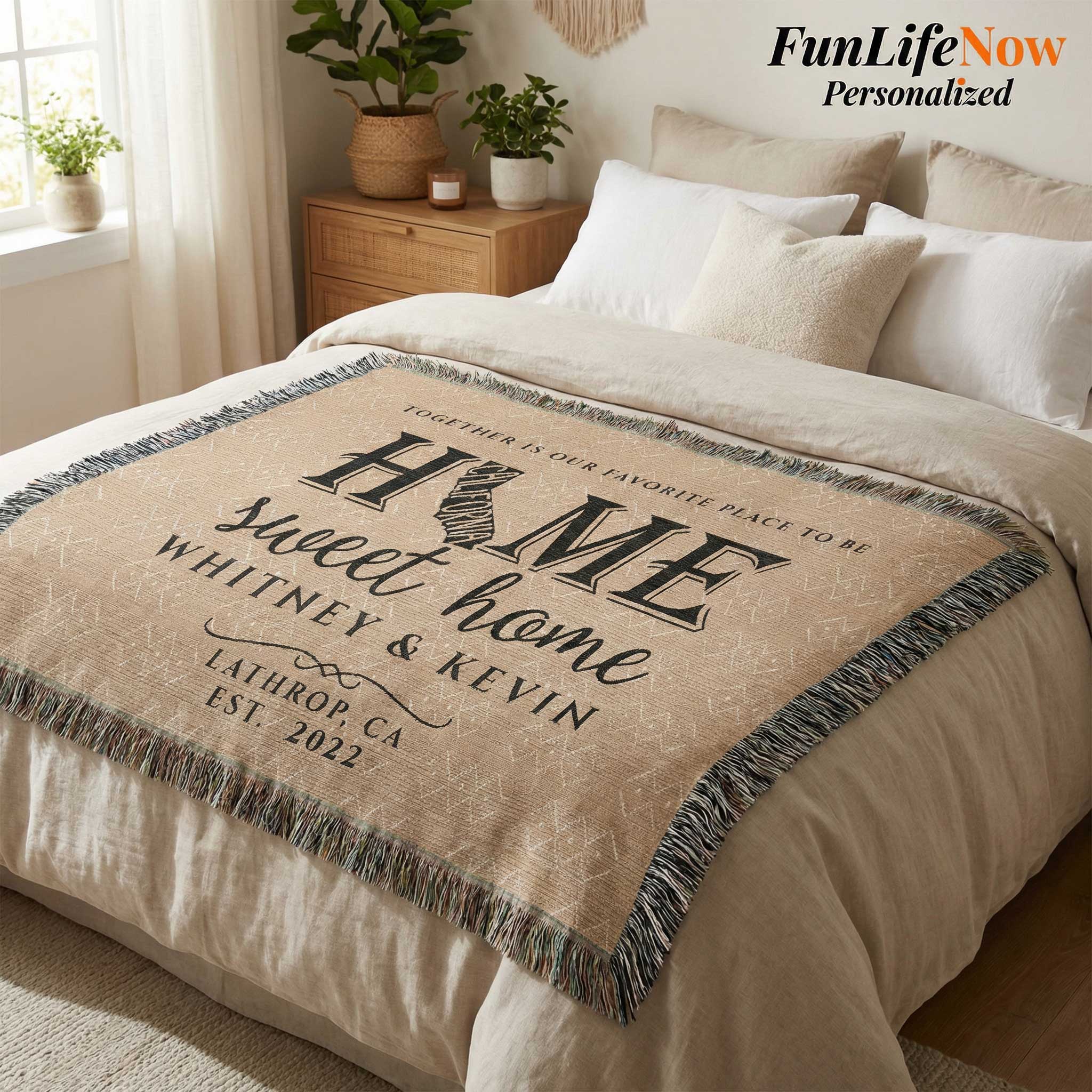 Personalized blanket with California 'Home Sweet Home' text on a bed in a bedroom setting. Custom blanket available at funlifenow.com
