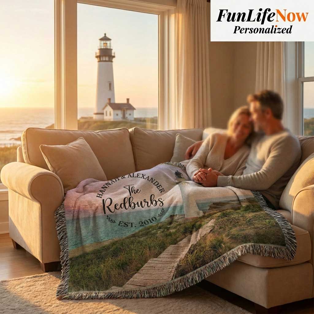 Couple on a couch with a personalized blanket featuring a lighthouse scene, with 'FunLifeNow Personalized' branding.