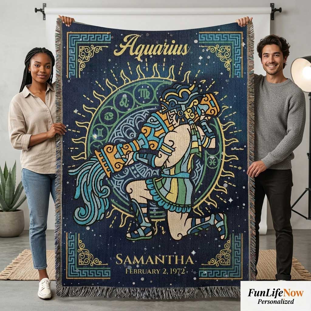Personalized Aquarius Zodiac Woven Blanket Astrology Gift Custom Throw