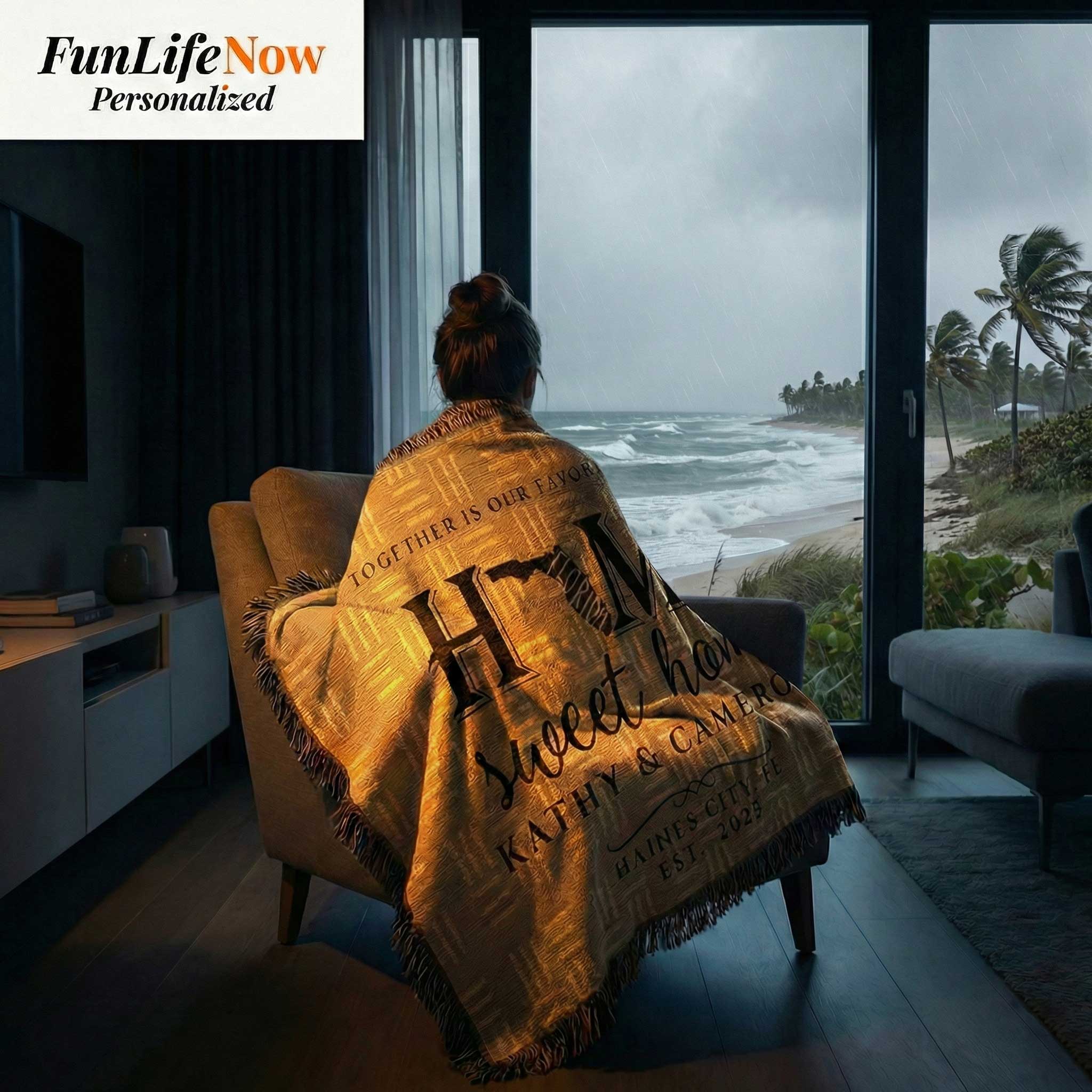 Person sitting on a couch with a personalized Florida blanket draped over them, looking out at a rainy ocean view.