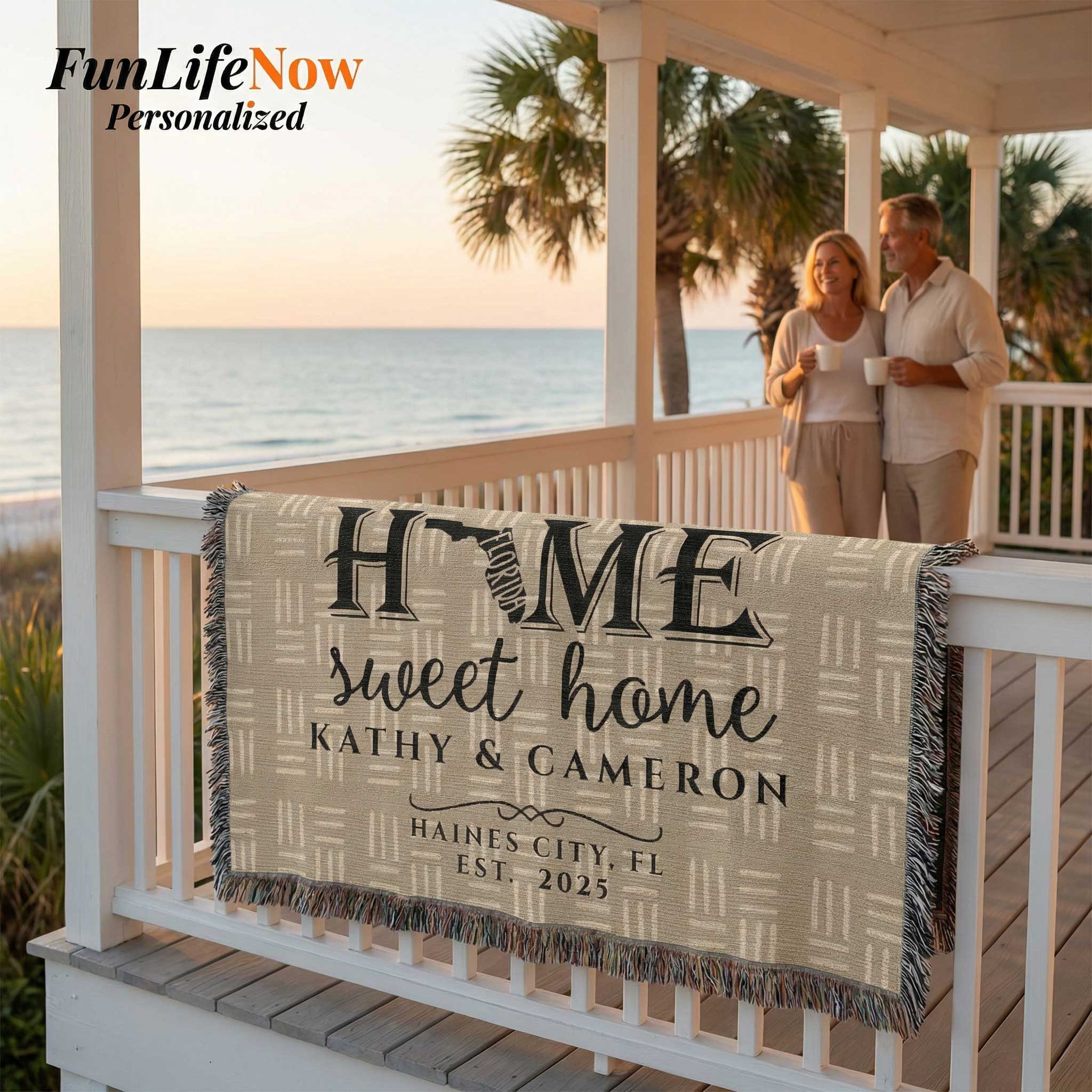 Personalized Blanket with Florida 'Home sweet home' text on a porch with a couple in the background. Blanket available at funlifenow.com