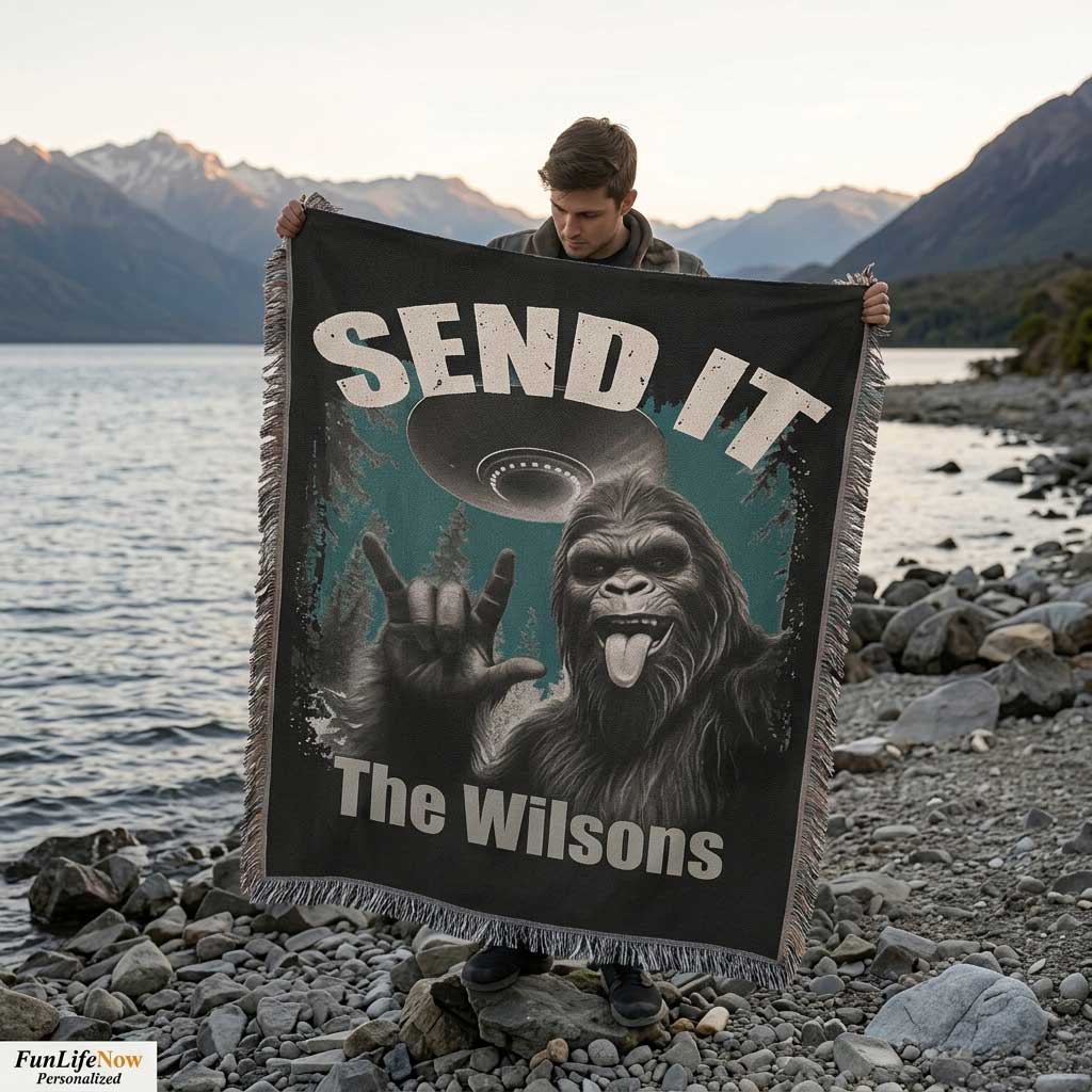 Personalized Bigfoot “Send It” Woven Blanket Custom Funny Gift Throw