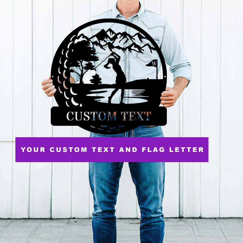 Person holding a personalized metal golf sign with custom text and flag letter. Product available at FunLifeNow.com