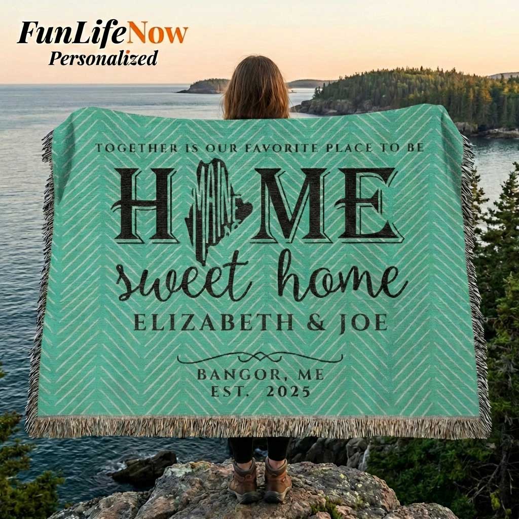 Person holding a Maine State personalized blanket with scenic background. Blanket available at funlifenow.com