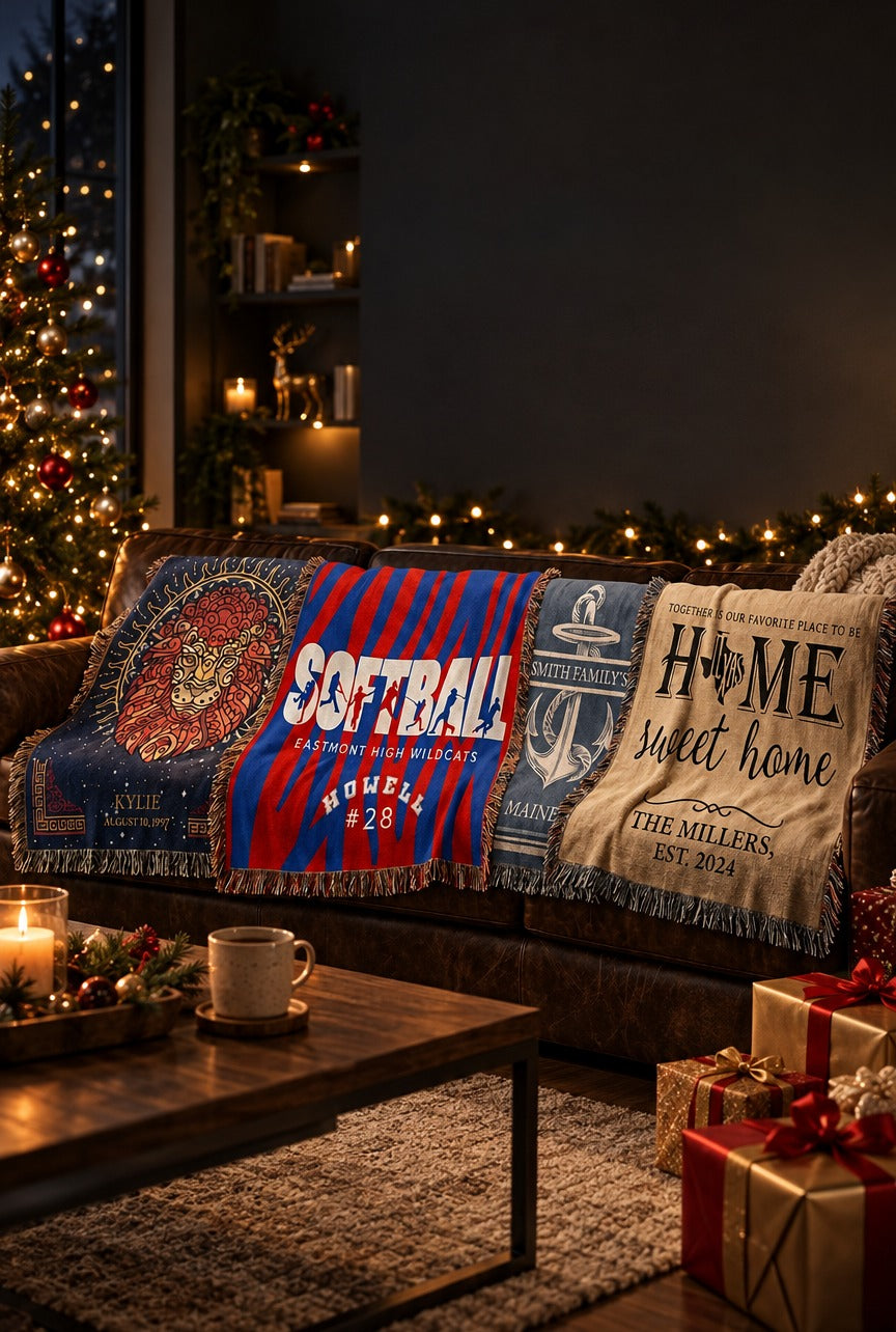 Personalized woven blankets on a sofa beside a Christmas tree and wrapped gifts