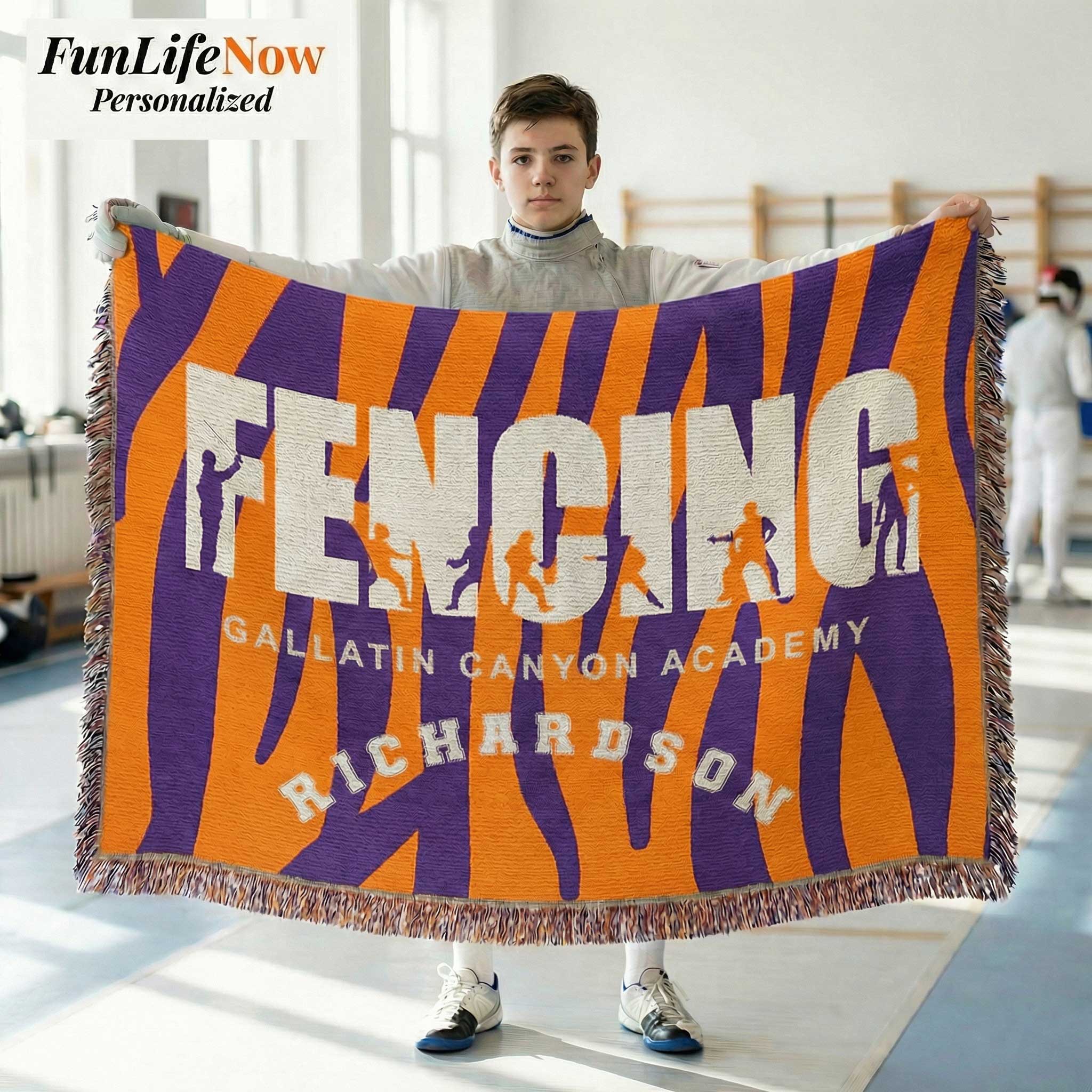 Person holding a 'FENCING' themed blanket with personalized text against a black background. Available at Funlifenow.com