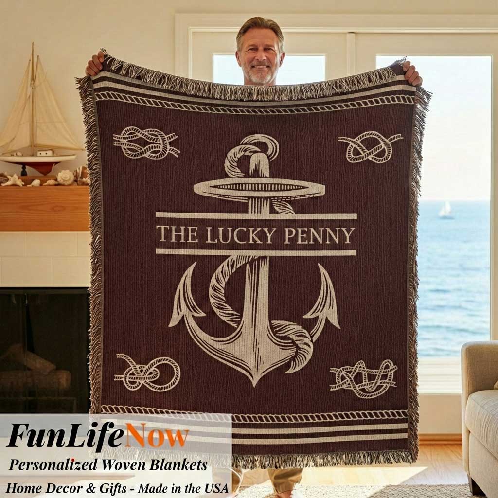 Personalized Nautical Knots Woven Blanket Custom Boat Name Throw