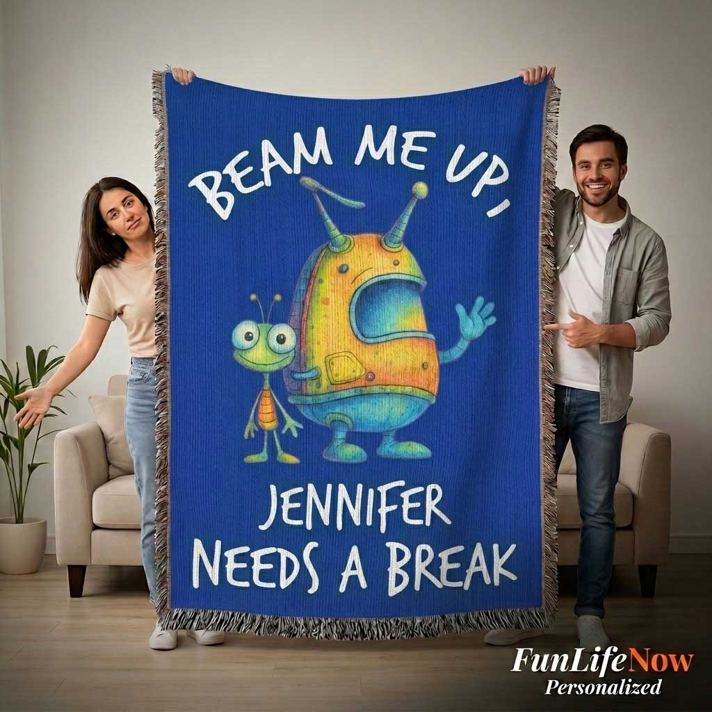 Personalized Alien “Beam Me Up” Woven Blanket Custom Funny Gift Throw