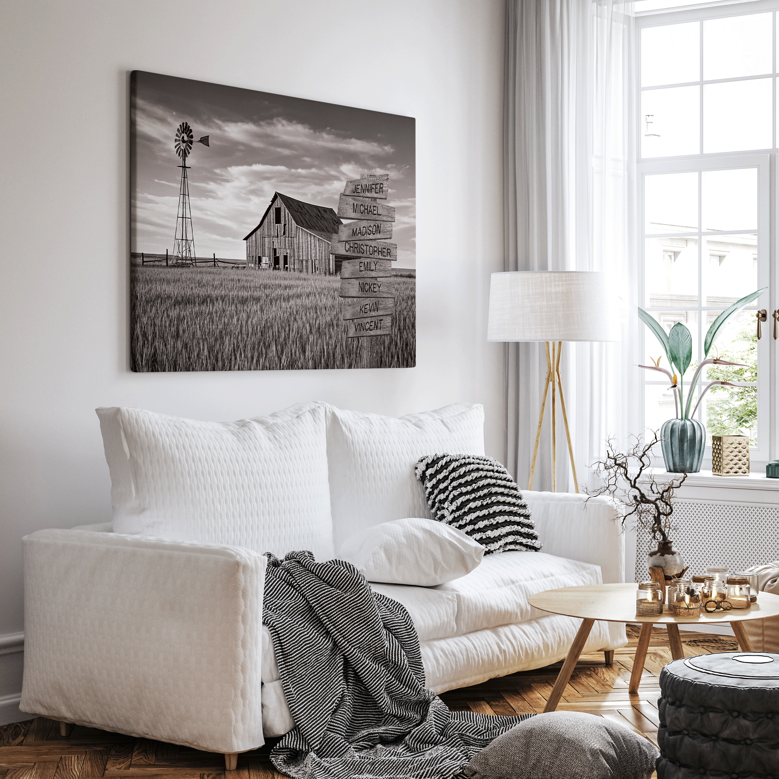Barn Wheat Field - Multi-Names Premium Custom Canvas Wall Art hanging on wall above a white couch. 