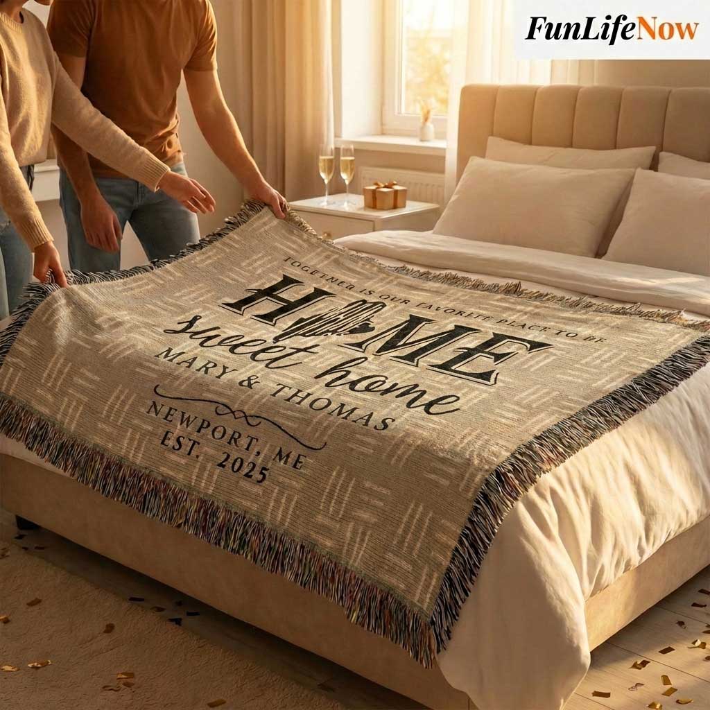 Blanket with Maine state personalized blanket with custom text over a bed in a bedroom setting. Blanket available at funlifenow.com