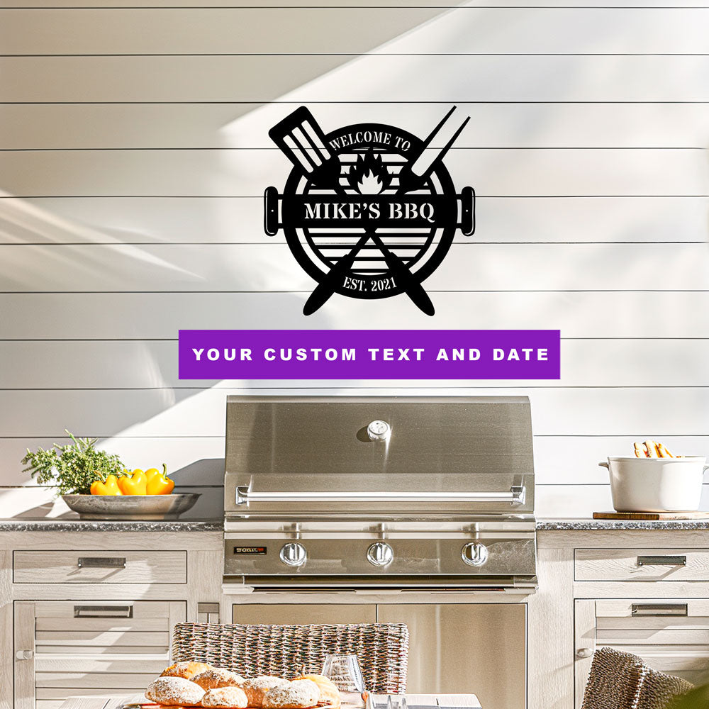 Personalized metal wall art -Outdoor kitchen with a BBQ grill and personalized sign on a wooden wall. customized text and date. 