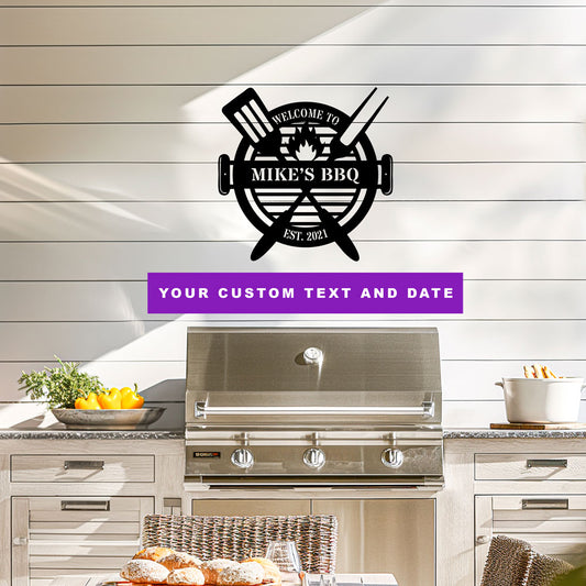 Personalized metal wall art -Outdoor kitchen with a BBQ grill and personalized sign on a wooden wall. customized text and date. 