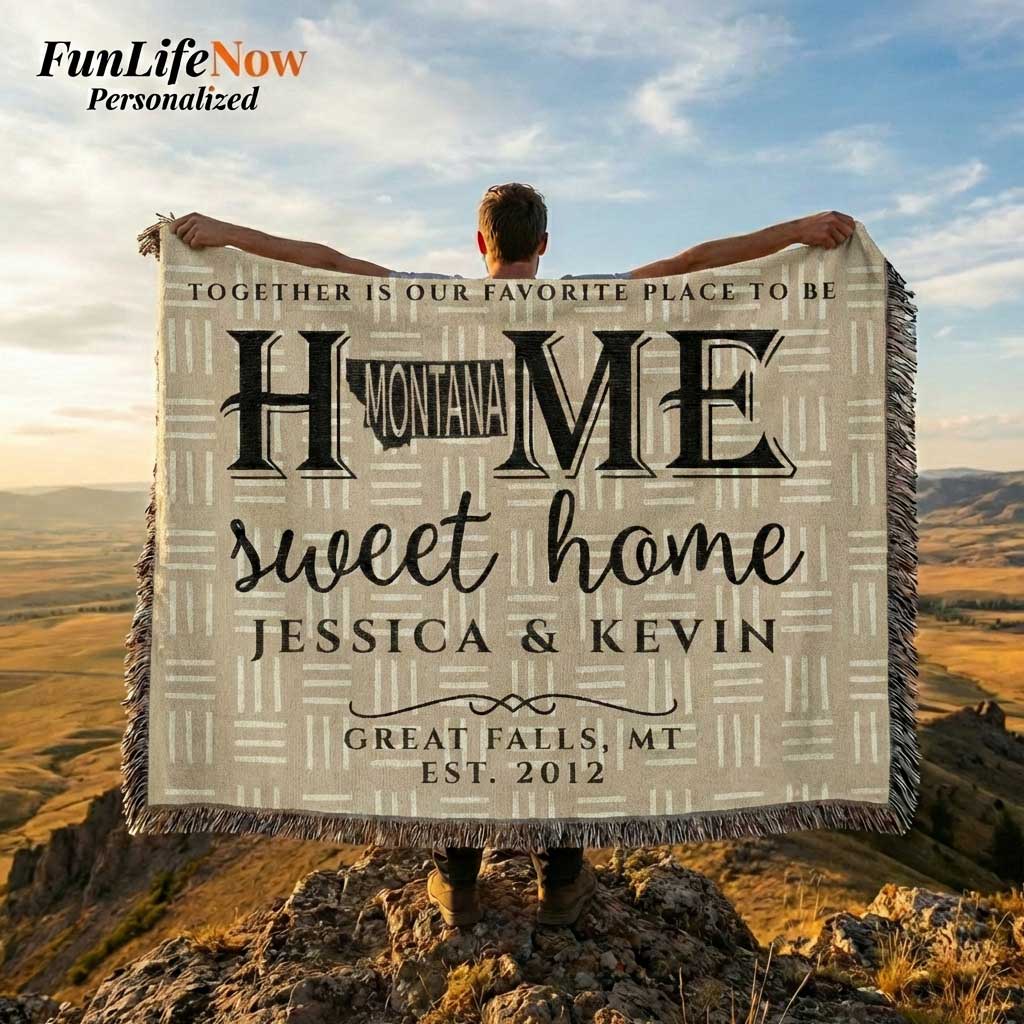 Person holding a Montana 'Home Sweet Home' personalized state blanket with a scenic background available at funlifenow.com