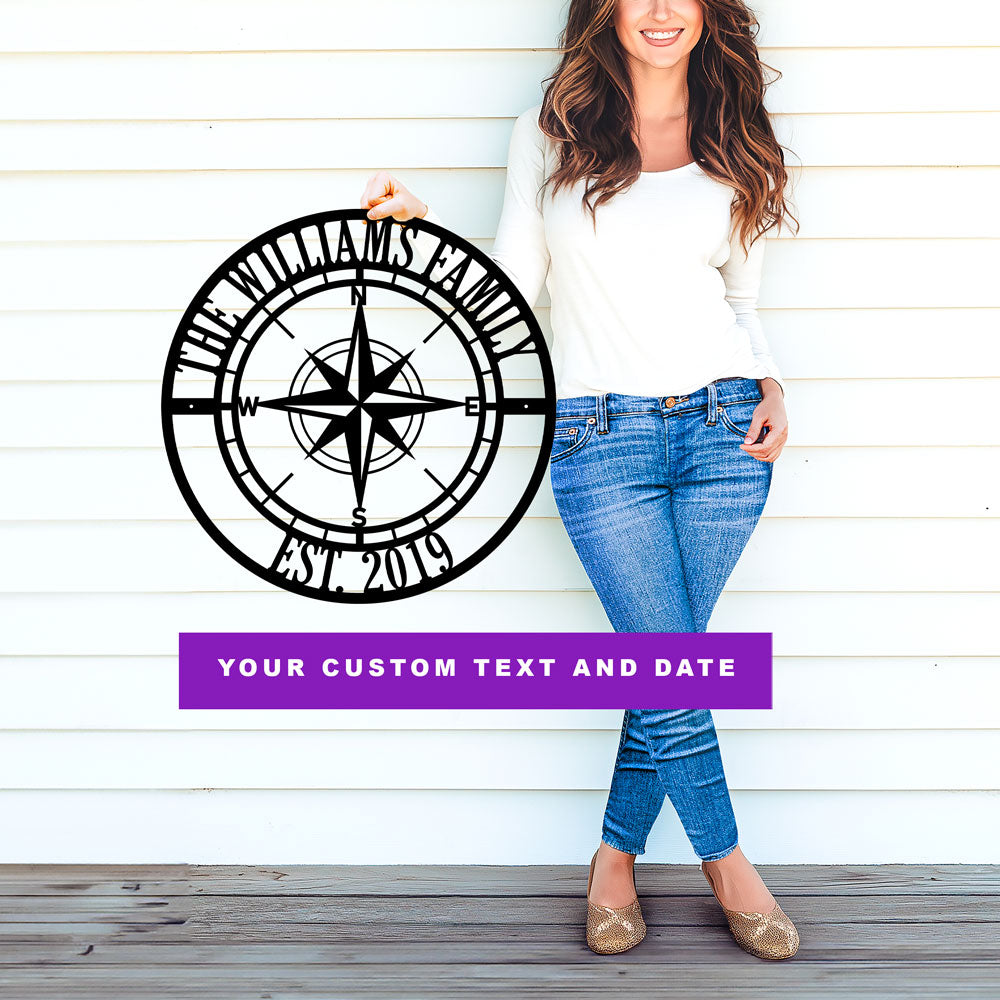 Woman holding a personalized nautical compass-style family crest with customizable text and date. The text and date are customizable at FunLifeNow.com