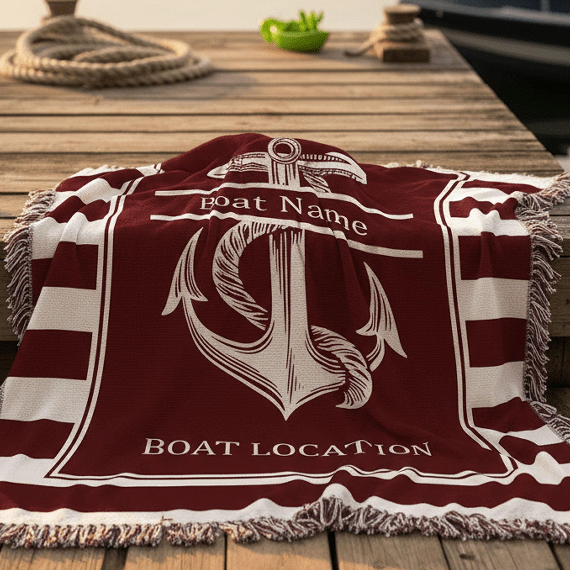 Personalized Blanket with anchor design and customizable text on a dock. Available at FunLifeNow.com