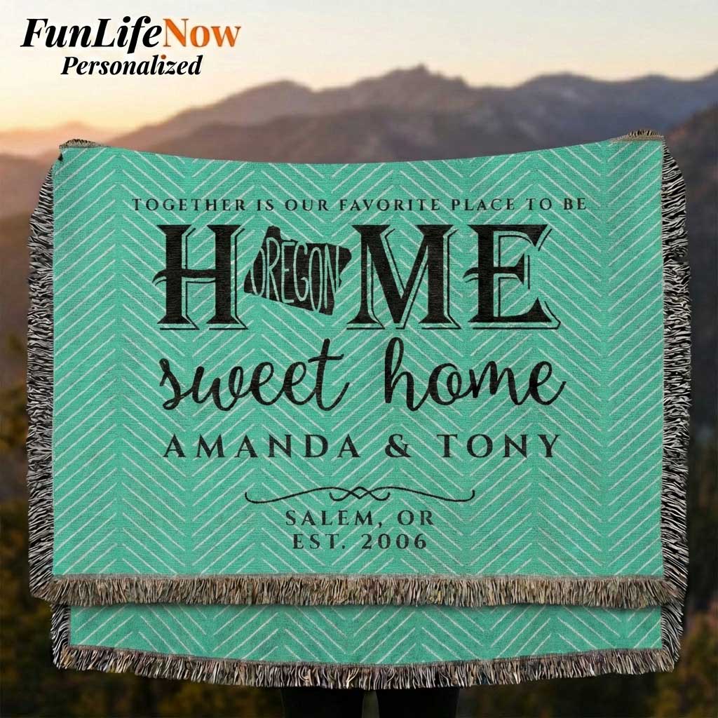 Personalized blanket with 'Home sweet home' text and mountain background Customized blanket available from funlifenow.com