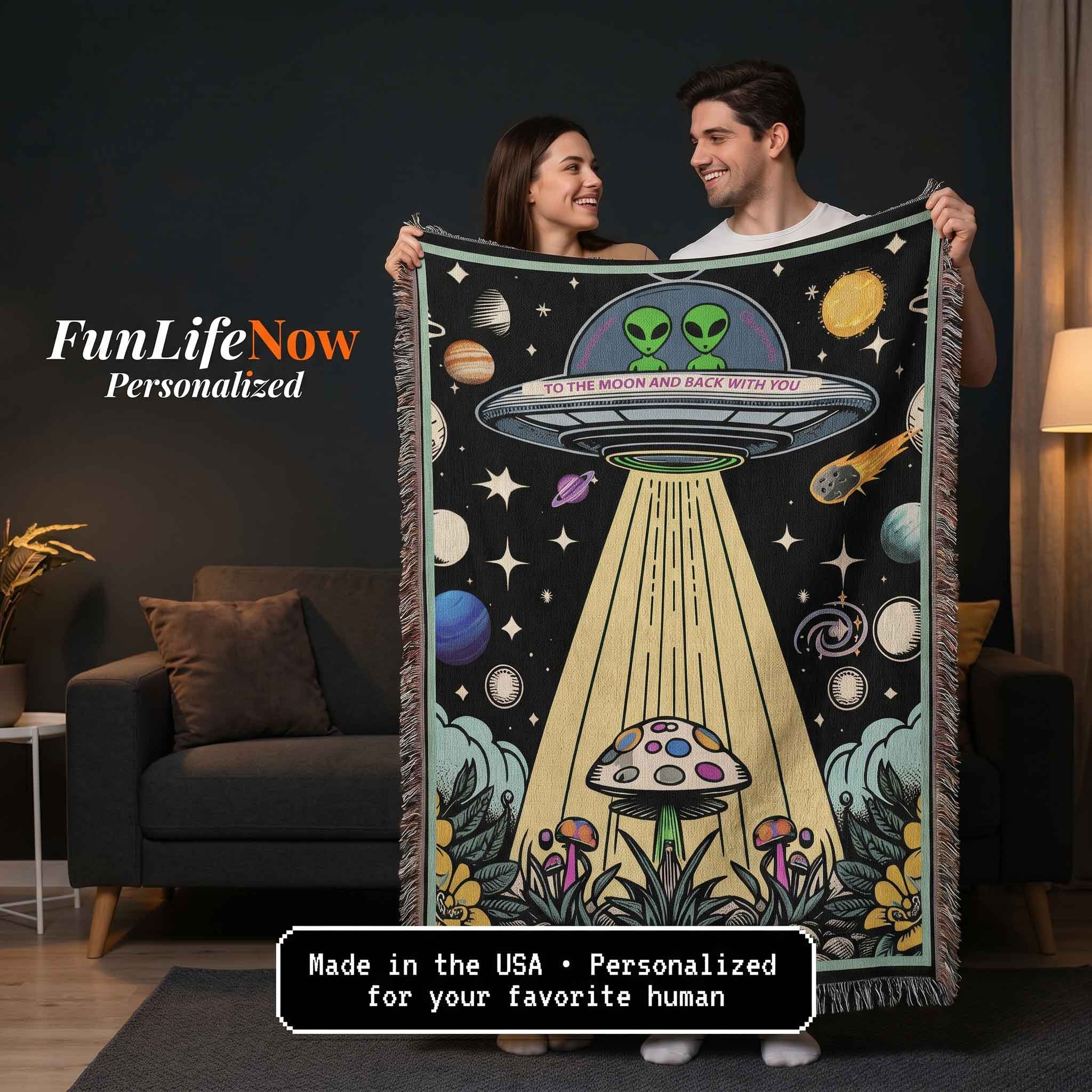 Personalized Alien Couple UFO Woven Blanket Custom Space Gift Throw