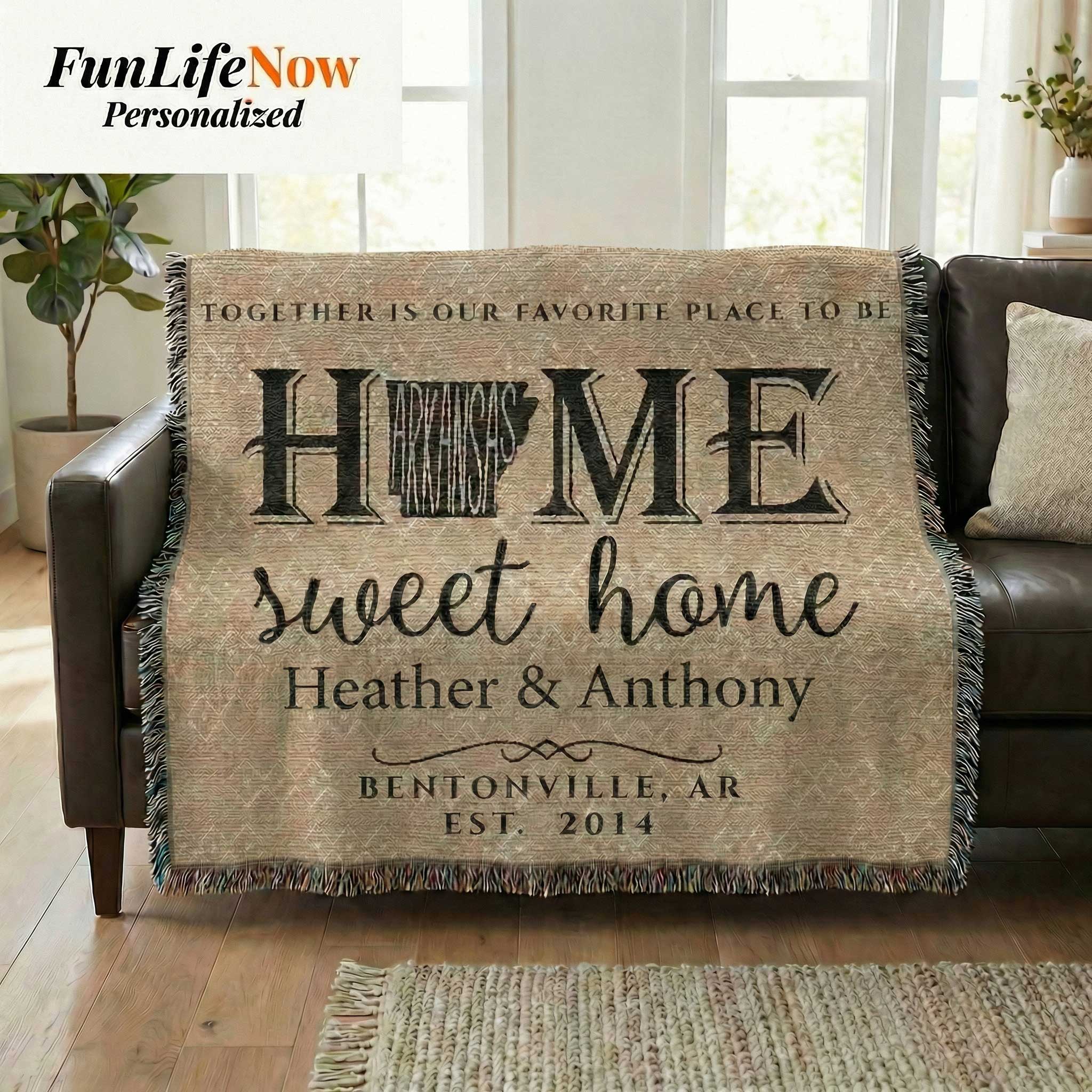 Personalized 'Home Sweet Home' throw blanket on a couch with 'FunLifeNow' branding.