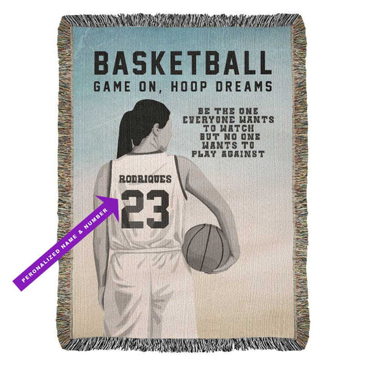 Personalized woven blanket Girls Basketball-themed blanket with a player holding a ball and text, featuring a personalized name and number.