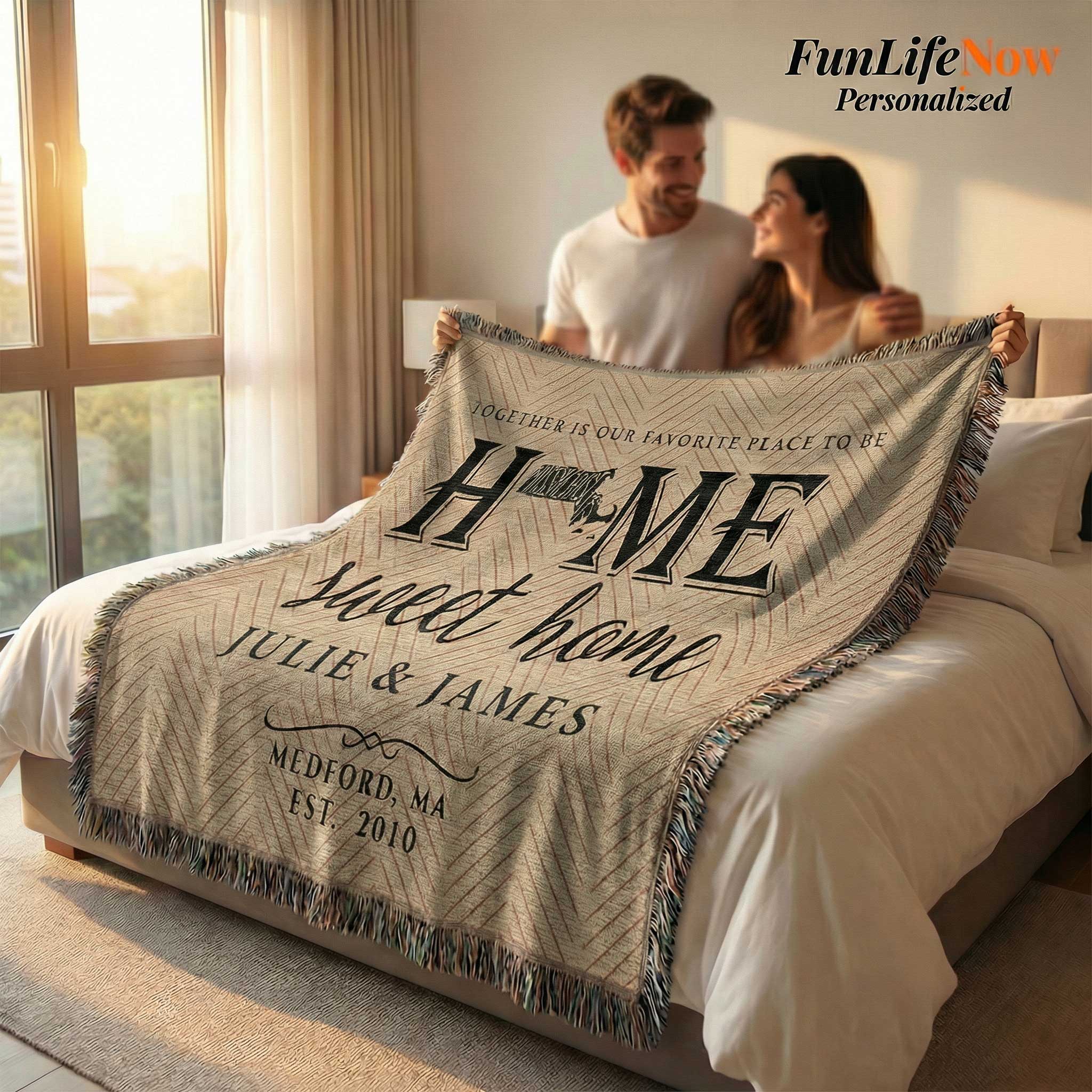 Person holding a personalized blanket with 'Home sweet home' text by a lighthouse. Blanket available at funlifenow.com