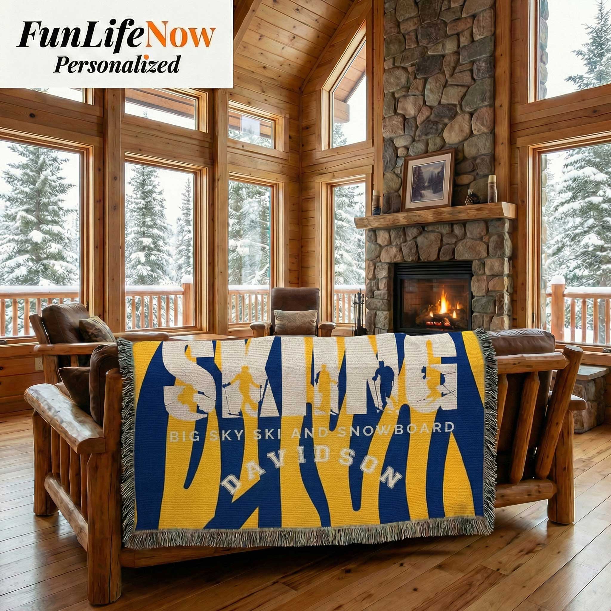 Living room with wooden furniture and a personalized blanket featuring 'Big Sky Ski and Snowboard resort name with the name Davidson on the blanket. Custom blanket available at funlifenow.com