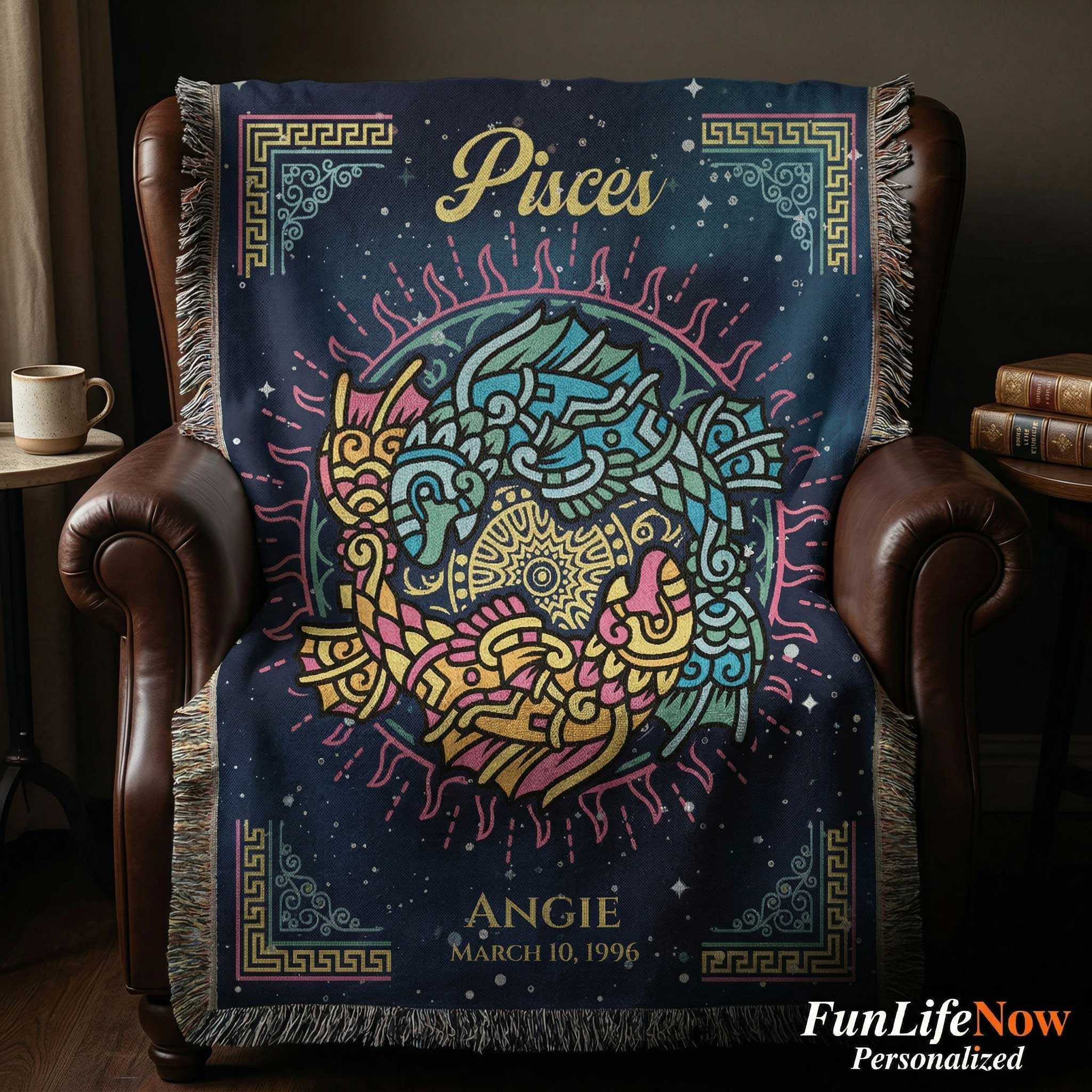 Personalized Pisces Zodiac Woven Blanket Astrology Gift Custom Throw