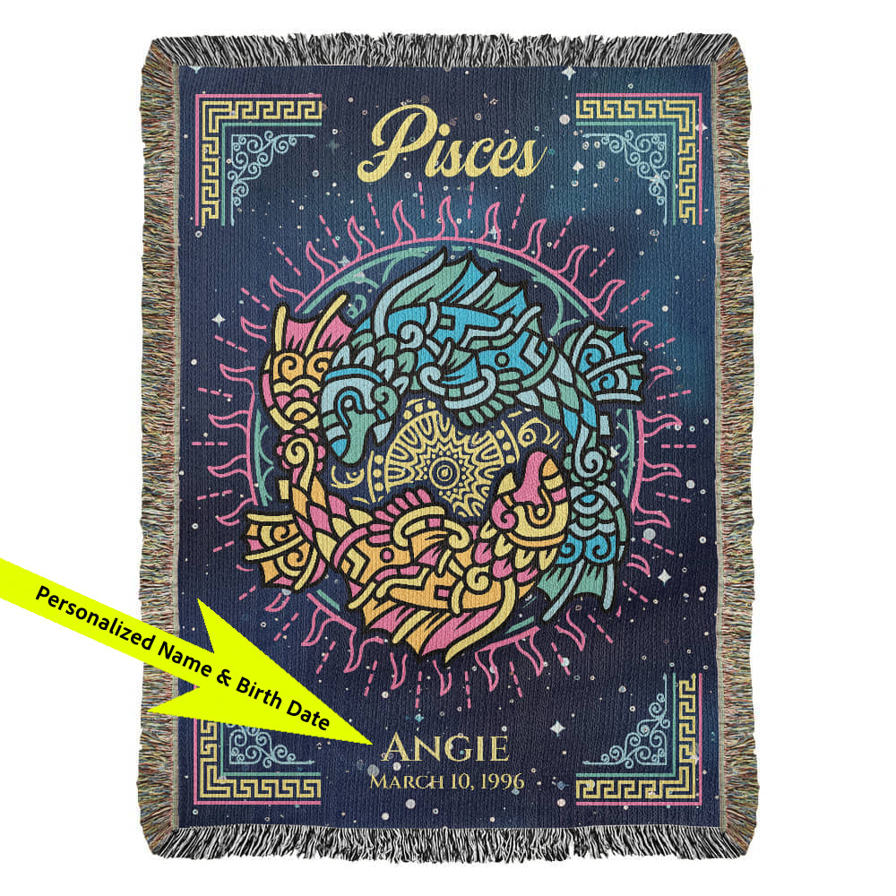 Pisces astrological design blanket with colorful fish illustration on a dark blue background available at FunLifeNow.com