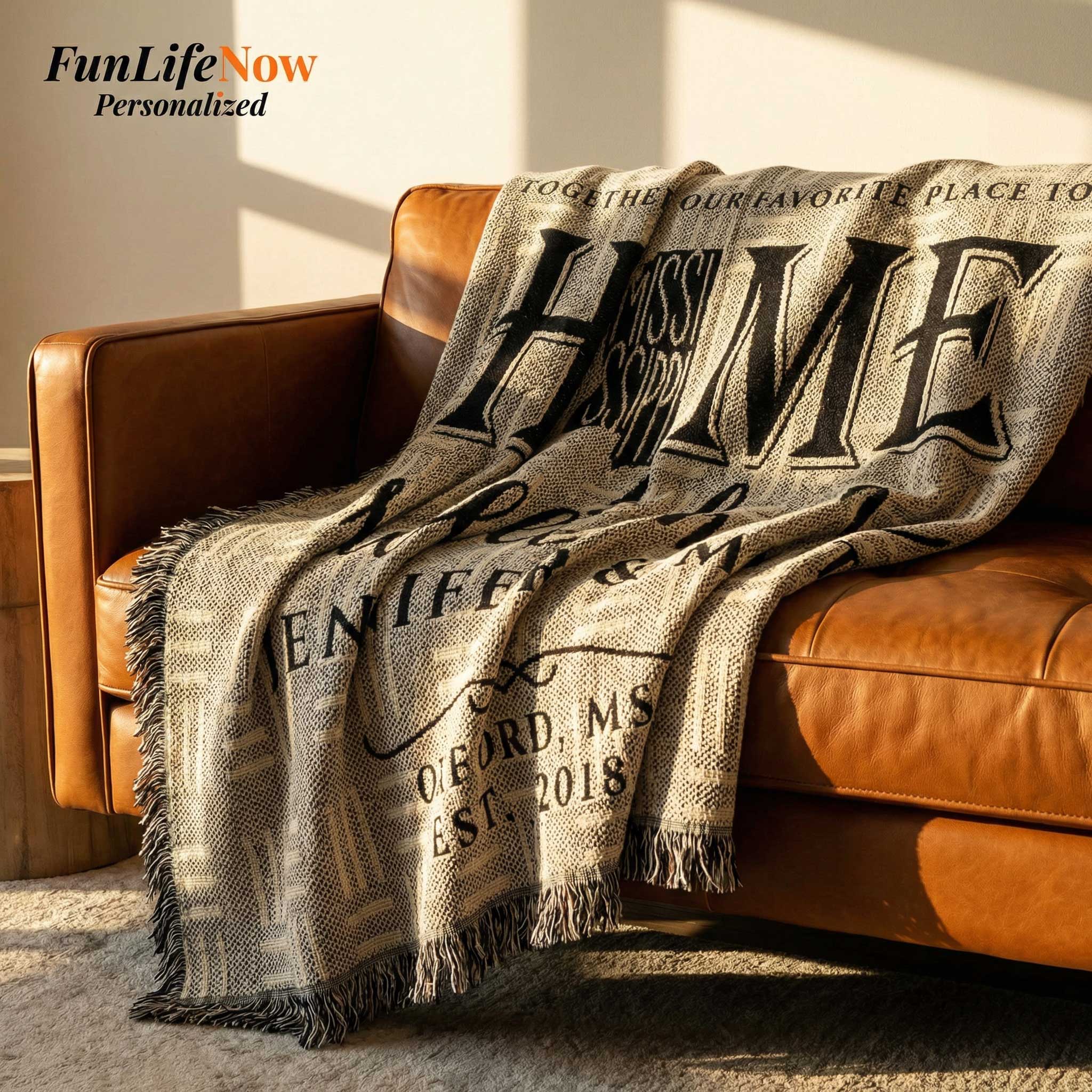 Blanket with 'HOME' text draped over a brown leather couch, featuring the brand 'FunLifeNow'. Personalized Mississippi blanket available at funlifenow.com