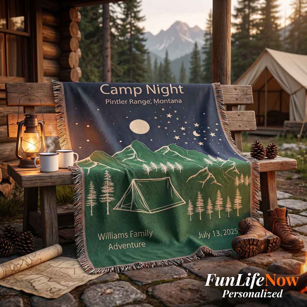 Personalized Camp Night Woven Blanket Custom Tent Camping Gift Throw
