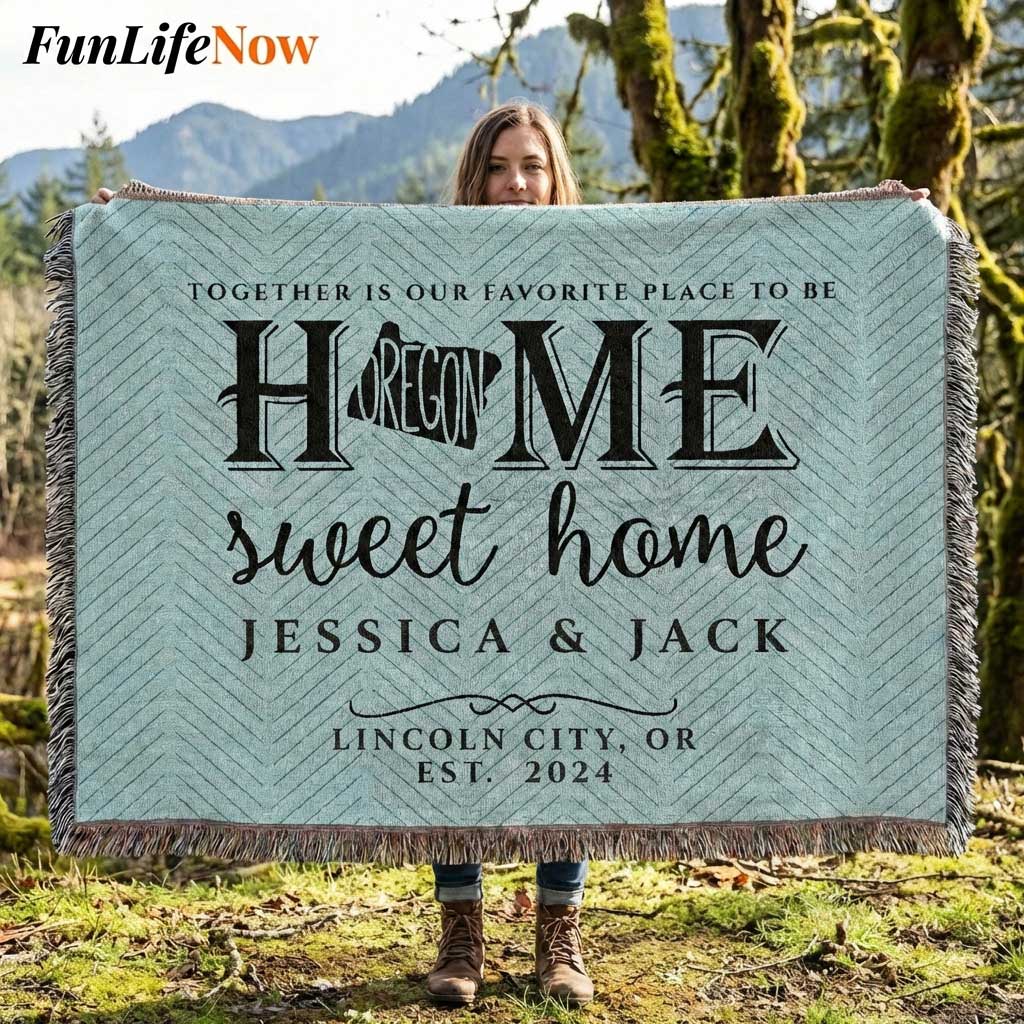 Person holding a blanket with personalized text in a forest setting Customized blanket available from funlifenow.com