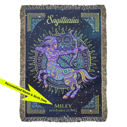 Sagittarius-themed blanket with decorative elements and personalized text on a blue background available at FunLifeNow.com