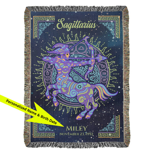 Sagittarius-themed blanket with decorative elements and personalized text on a blue background available at FunLifeNow.com