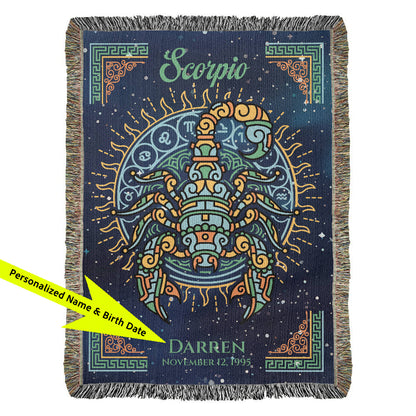 Decorative blanket with Scorpio zodiac design and personalized text on a white background available at FunLifeNow.com