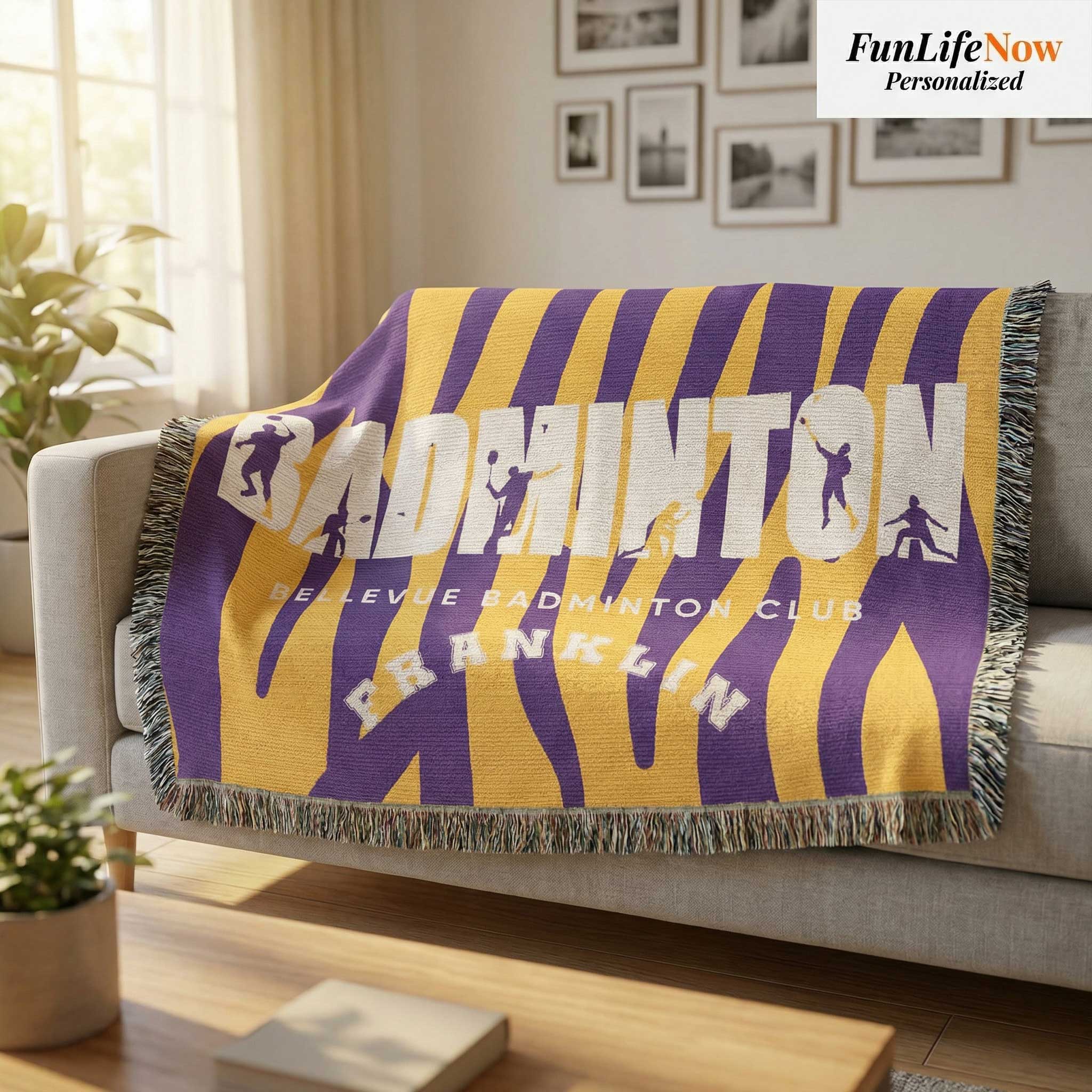 Badminton-themed blanket with purple and yellow stripes on a couch in a living room. Blanket throw available at funlifenow.com