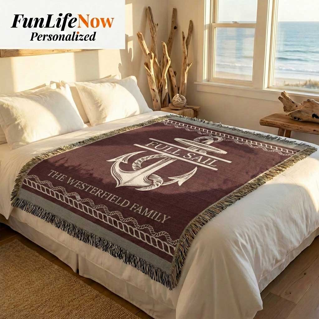Bed with a personalized  nautical blanket featuring an anchor design and 'FunLifeNow' branding.