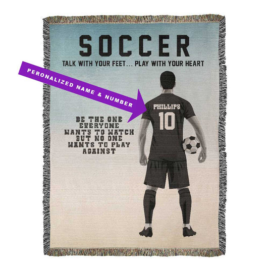A personalized woven blanket with a soccer theme, featuring a player on the front and the text 'Soccer', 'Talk with your feet.". Name and jersey number customizable. 