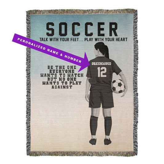 A personalized woven blanket with a soccer theme, featuring a player holding a soccer ball and the text 'SOCCER', along with motivational quotes. Jersey name and number are customizable. 