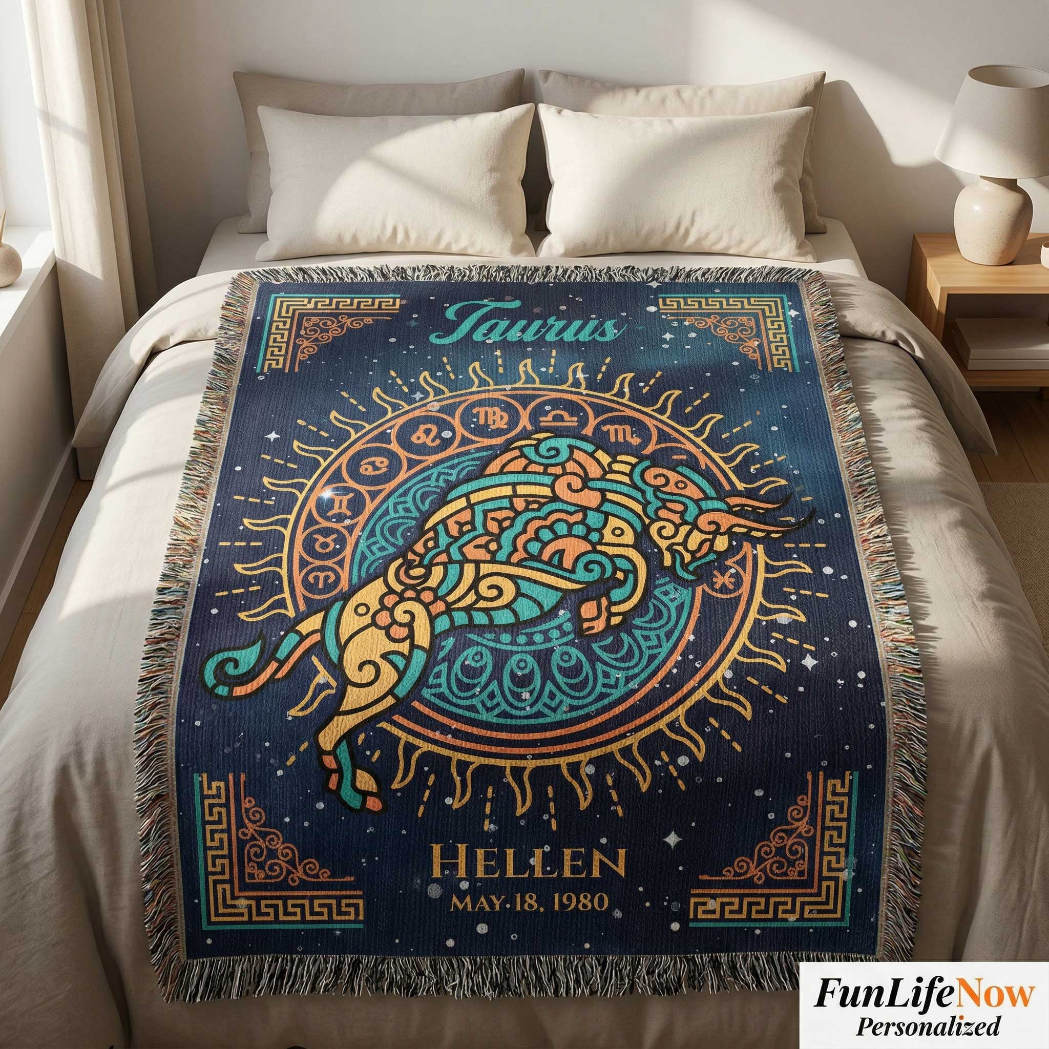 Personalized Taurus Zodiac Woven Blanket Astrology Gift Custom Throw