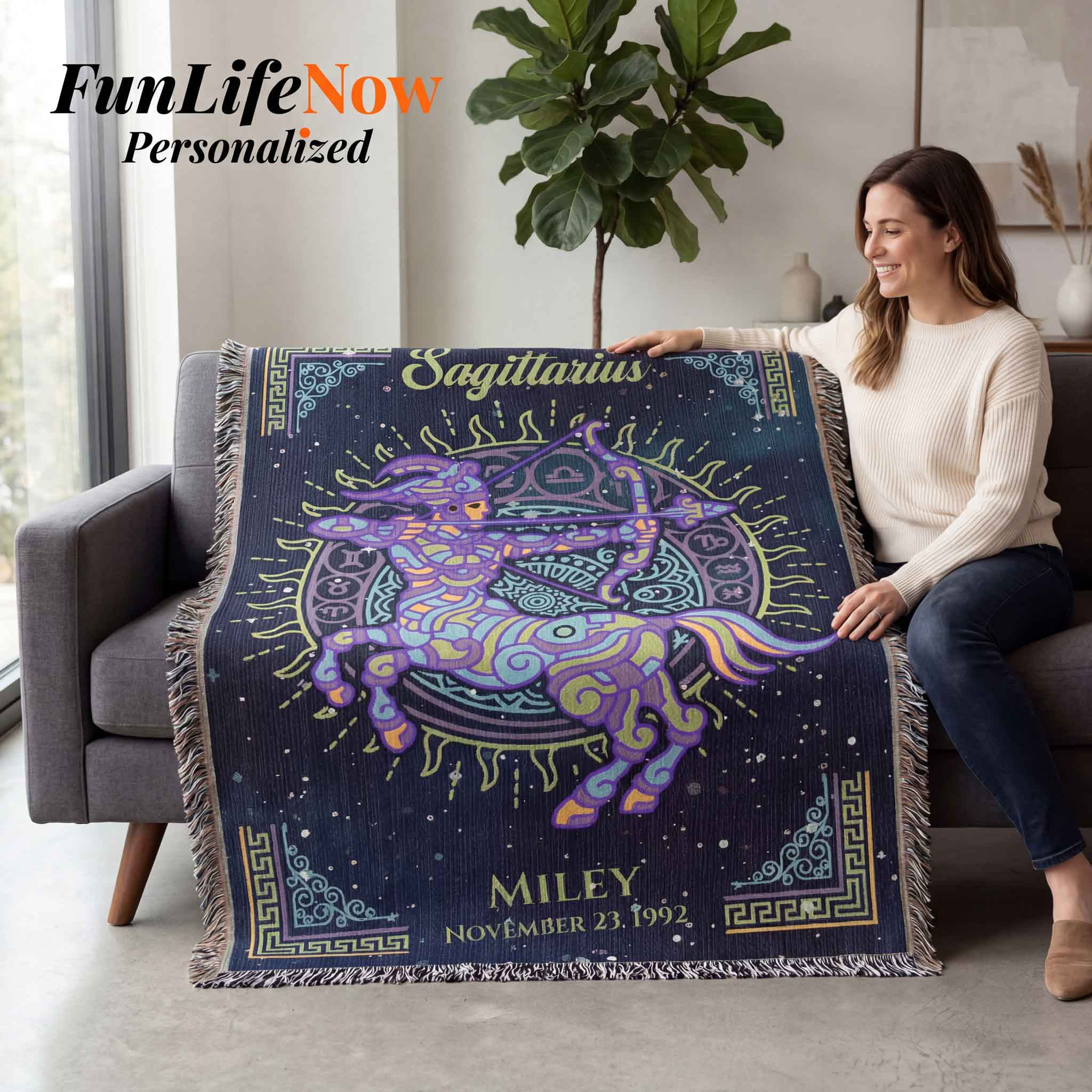 Personalized Sagittarius Zodiac Woven Blanket Astrology Gift Custom Throw