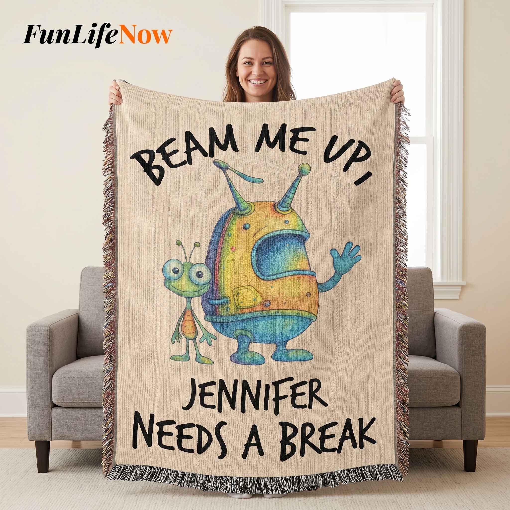 Personalized Alien “Beam Me Up” Woven Blanket Custom Funny Gift Throw