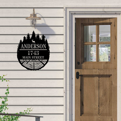 Personalized Forest Stump Family Address Metal Sign – Custom Forest Cabin & Home Décor