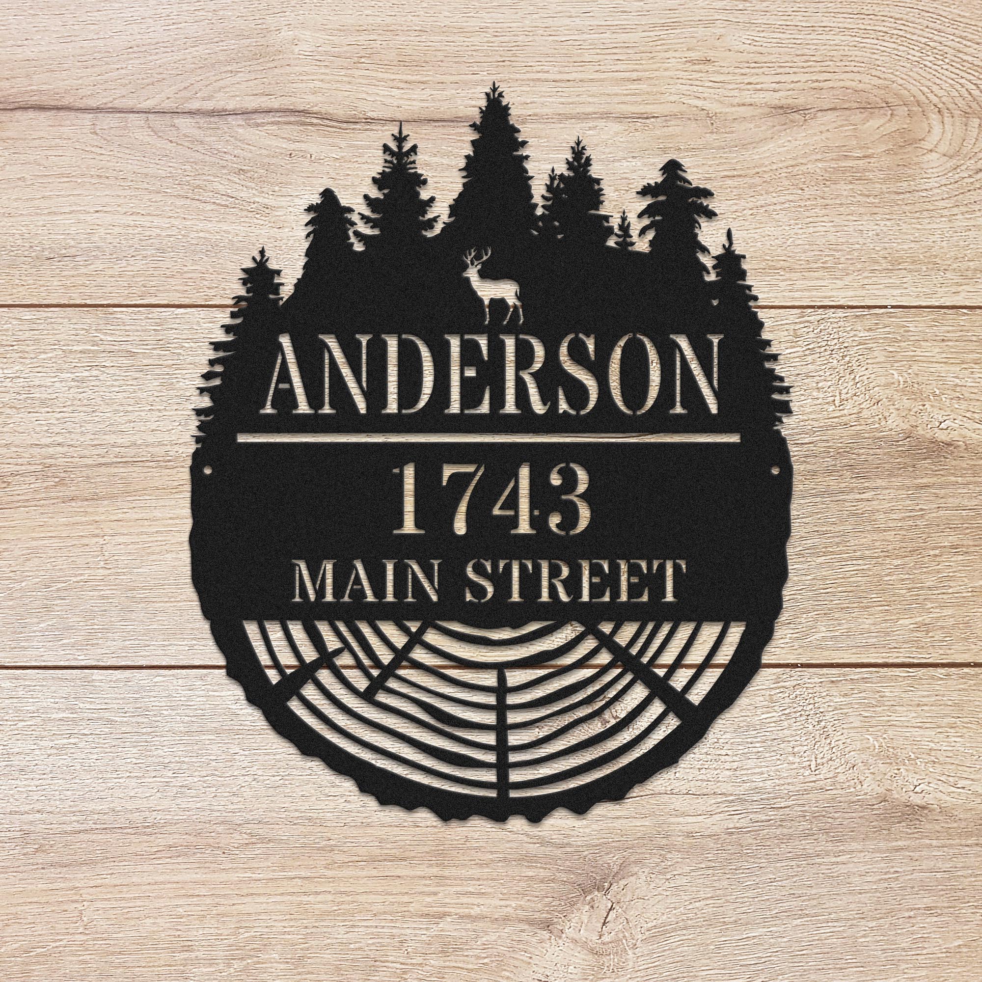 Personalized Forest Stump Family Address Metal Sign – Custom Forest Cabin & Home Décor
