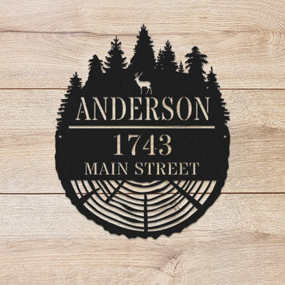 Personalized Forest Stump Family Address Metal Sign – Custom Forest Cabin & Home Décor