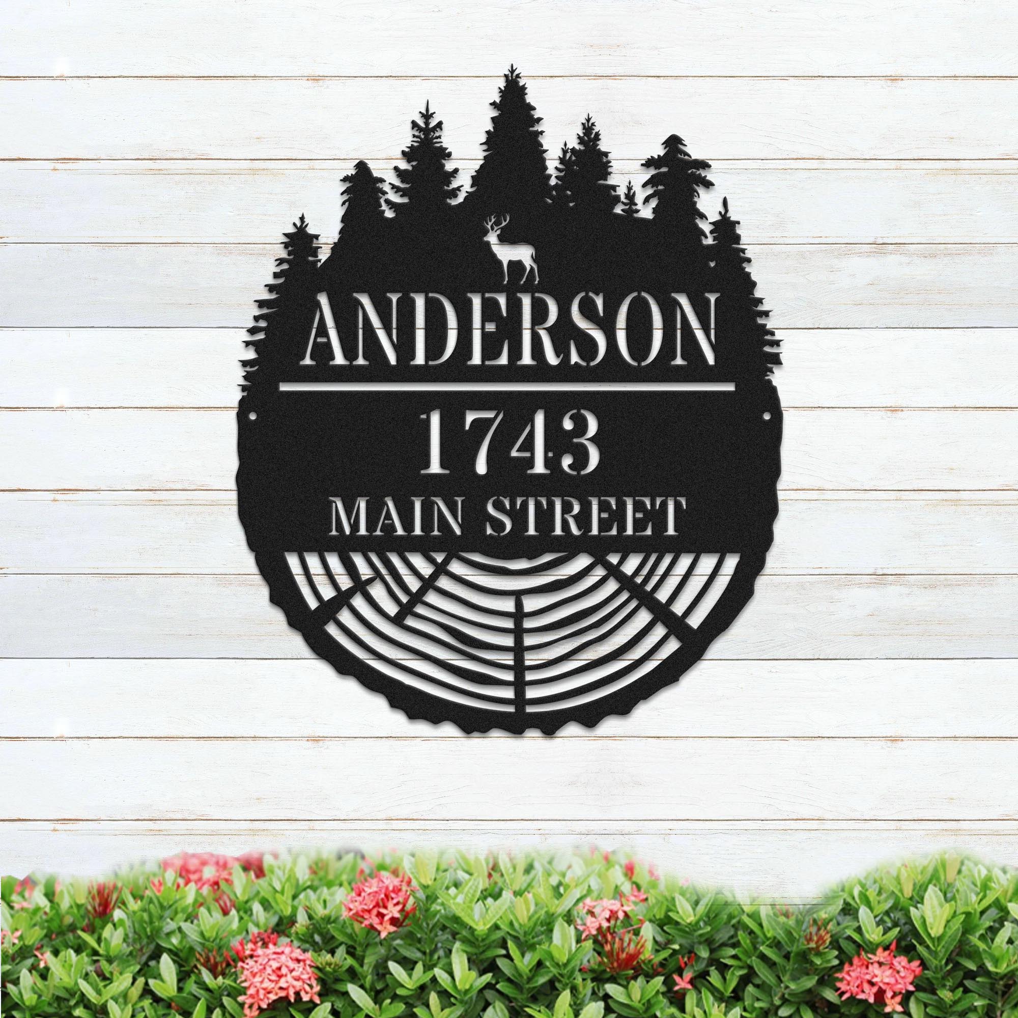 Personalized Forest Stump Family Address Metal Sign – Custom Forest Cabin & Home Décor
